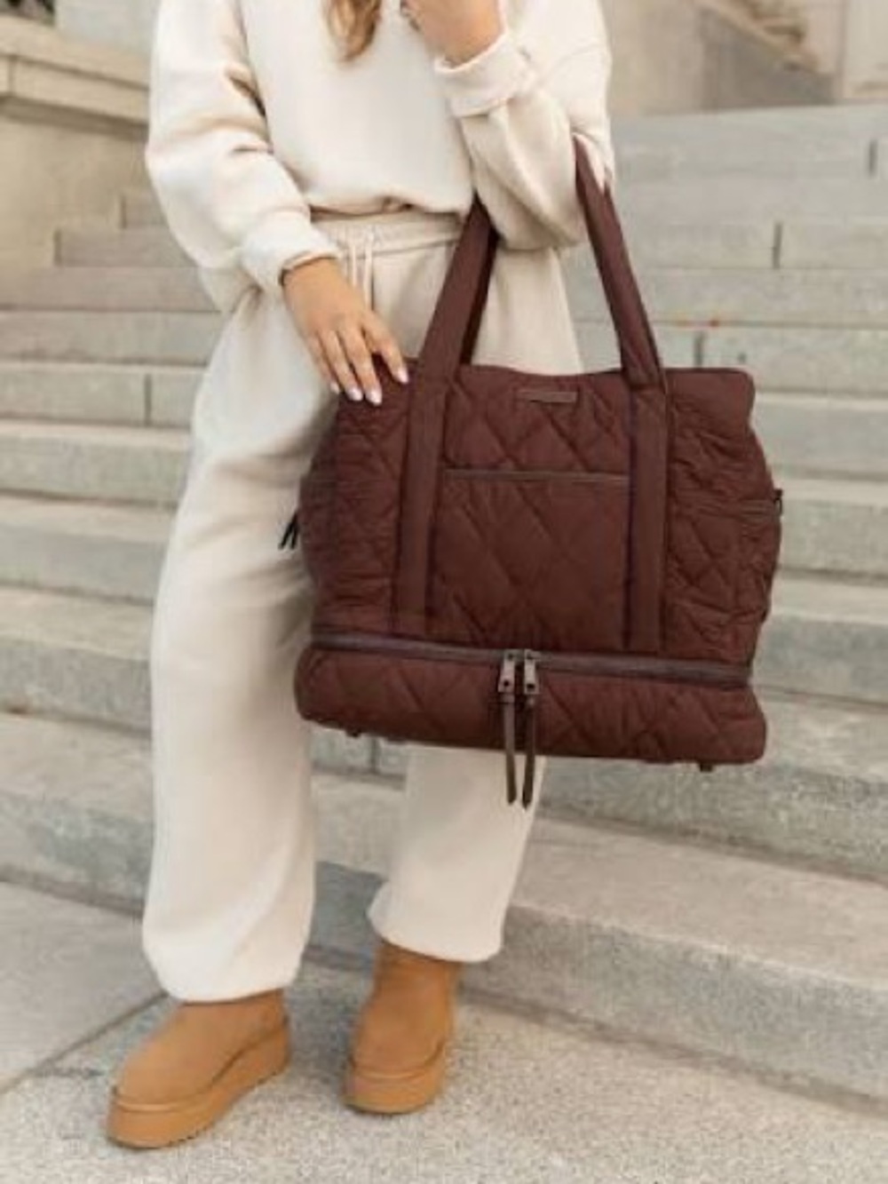 Poppy & Peonies Quilted Voyager Weekender Travel Bag Gym Carry-On in Espresso - Picture 2 of 15